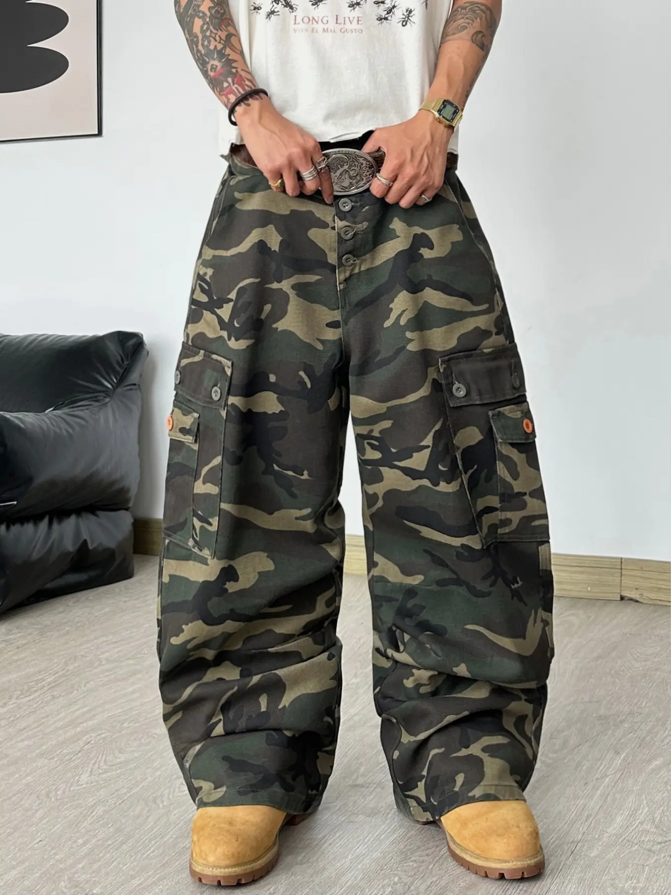 Vintage Camo Multi-Pocket Men's Workwear Jeans, Casual Streetwear Jeans, Loose Fit Wide Leg, Skateboard Hip Hop Street Wear, Camouflage, Streetwear, Comfortable Daily Dress, Multiple Sizes Available