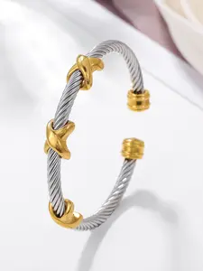 Stainless Steel Cable Wire Cuff Bracelet, Adjustable Open Bangle, Two-Tone Fashion Jewelry