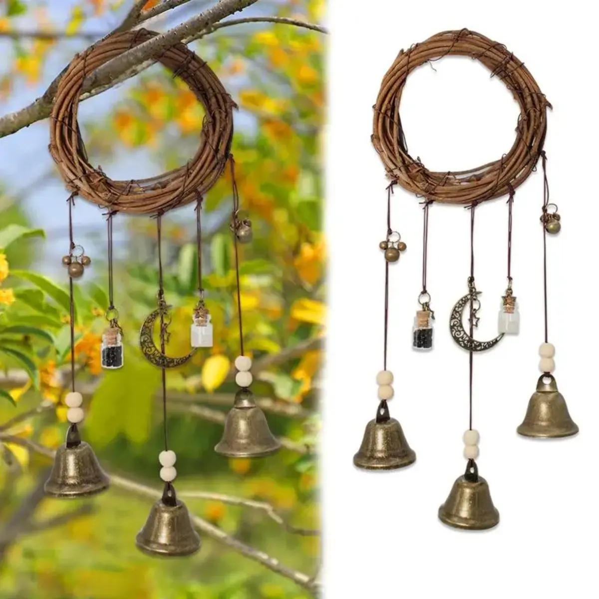 Witch Protection Bells - Witchy Stuff Rustic Hanging Door Decor, Colorful Wiccan Blessing Wood Jar Home Ornament with Denim, Chiffon, Satin, Tencel Accents, Plain, Mystical Vibe, Black, Decorative, Decoration, Hangable