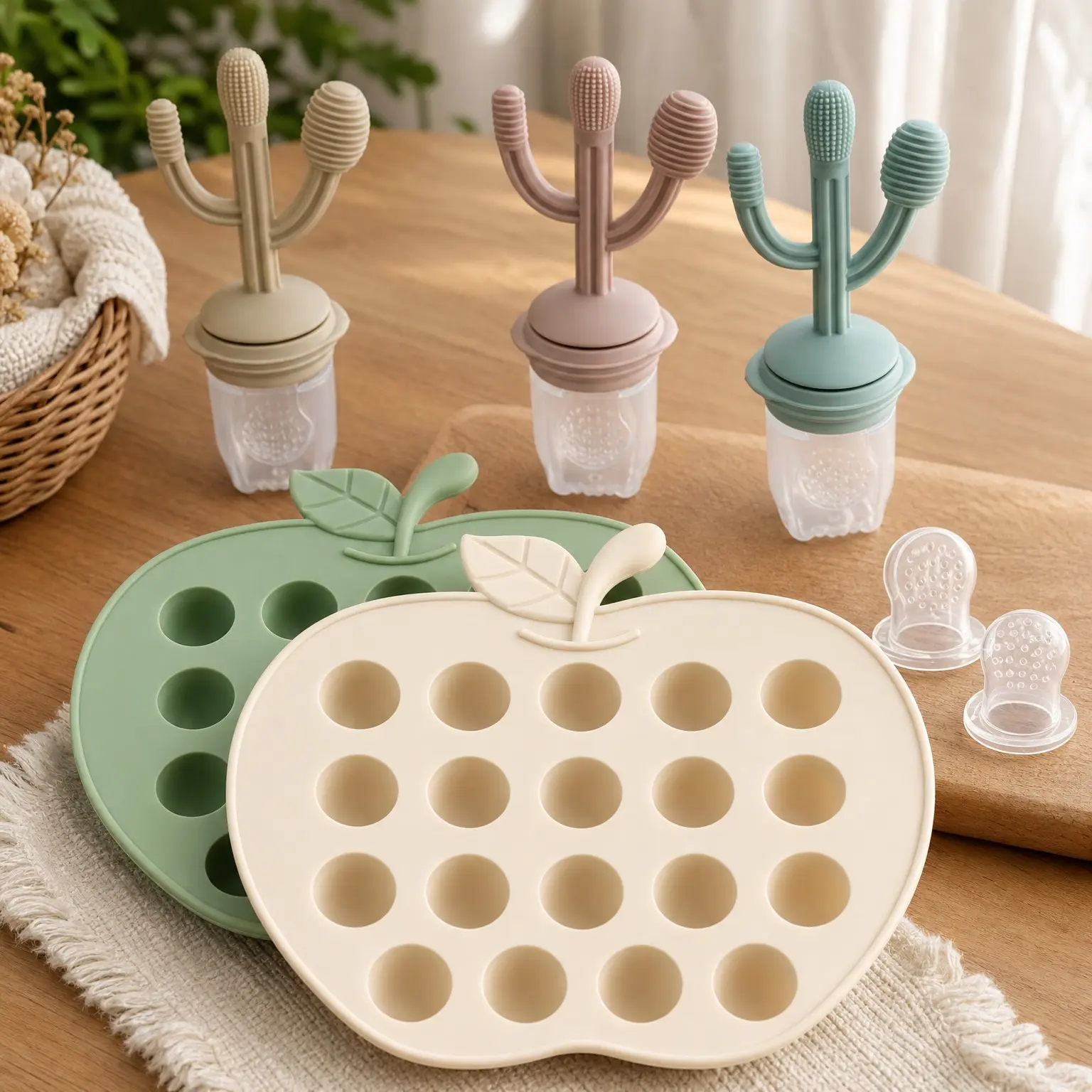 2 Pack Baby Breastmilk Popsicle Molds & 3 Pack Baby Fruit Food Feeder Pacifier, Silicone Cactus Teething Toy, Teether Tray Ice Cube Maker, 3 Sizes Pouches(Gift)