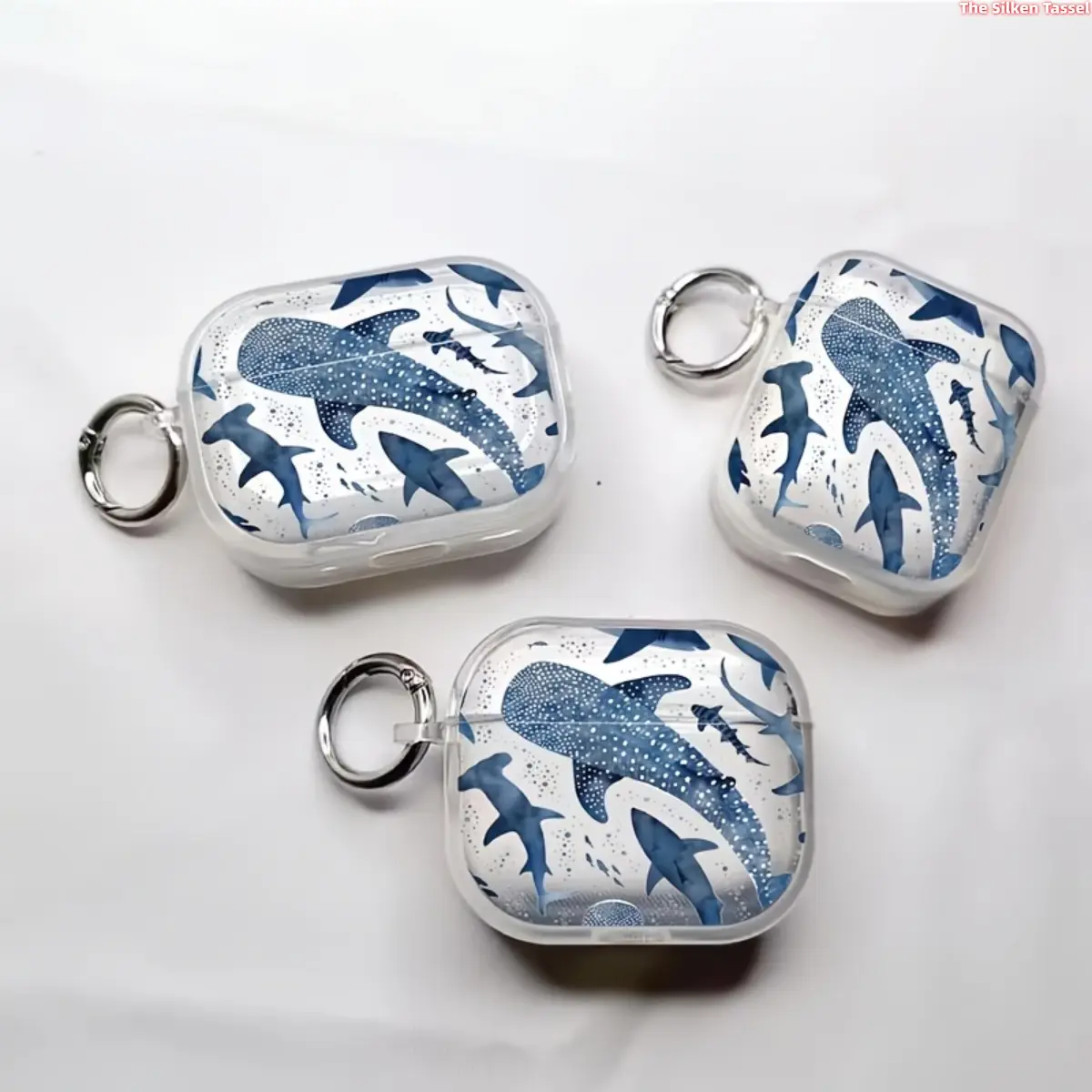 Clear Transparent Earbud Case Cover with Watercolor Whale Shark & Shark Print, Ocean Marine Pattern Wireless Earphone Protective Shell with Quick Release Keyring, Lightweight Shockproof Headphone Storage Case Accessory tiktokshopbacktoschool