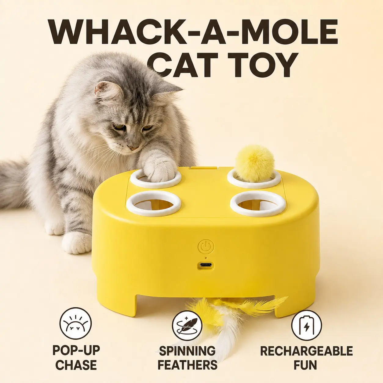 Interactive Whack-A-Mole Cat Toy, Rechargeable Automatic Electric Feather Popper, Indoor Cat Hunting Chase Training Toy, Fun Pet Plaything