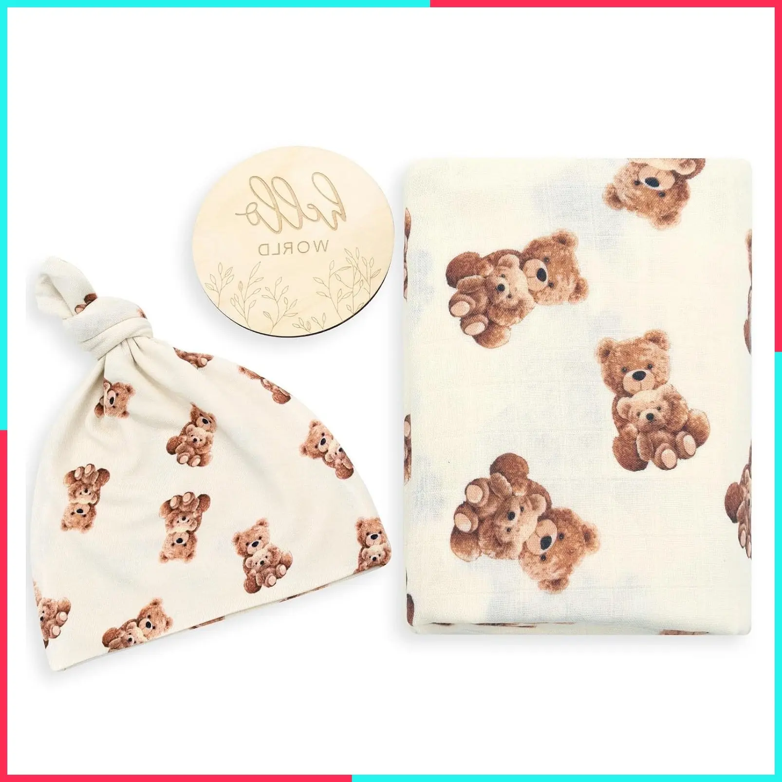 Muslin Baby Swaddle Blanket and Hat Set with Birth Announcement Card, Unisex Newborn Receiving Blankets, Bear Pattern