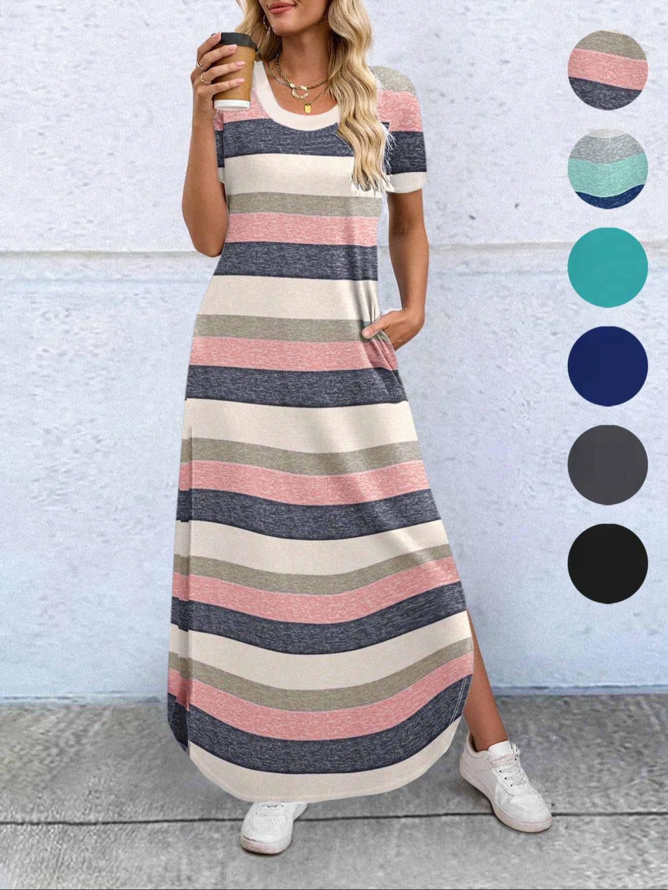 Women's Plain Pocket Round Neck Curved Hem Jersey Tee Dress, Casual Soft Short Sleeve Fit Long Dress for Summer, Ladies Clothes for Daily Wear