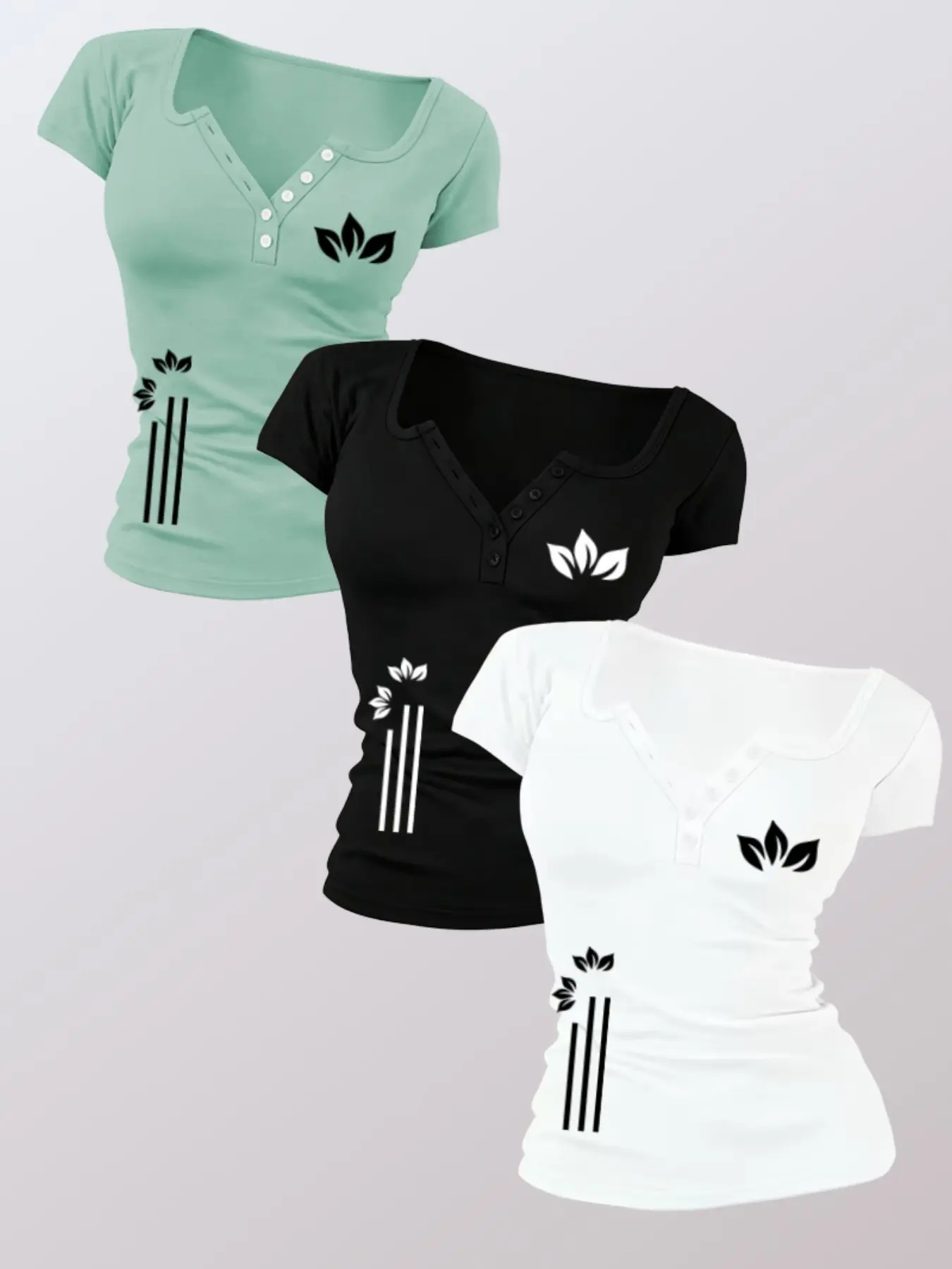 3-Pack Value Set, Fitted Geometric Pattern Women's Sexy Chic Button Design T-Shirts, Non-V-Neck, Spring & Summer Wear