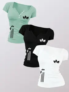 3-Pack Value Set, Fitted Geometric Pattern Women's Sexy Chic Button Design T-Shirts, Non-V-Neck, Spring & Summer Wear
