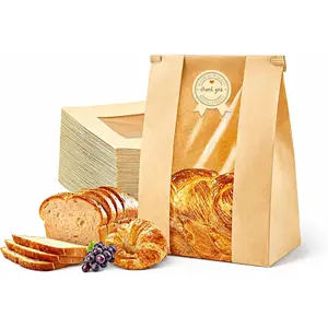 100 Pack UPGRADED THICKEST Brown Paper Bread Bags for Homemade Bread Large Sourdough Bread Bags 13.7"x8.3"x3.5" with TIN TIE LOCK & Clear Window, Rigid Bakery Bags with 100 "Thank You" Seal Stickers
