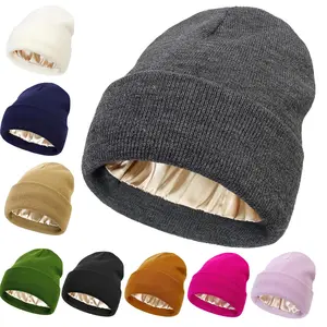 Soft Satin Lined Beanie - Winter Warm Skull Cap for Women Men - Thick Knit Hats, Cold Proof, Solid Color, Cuffed Design, Unisex Accessories