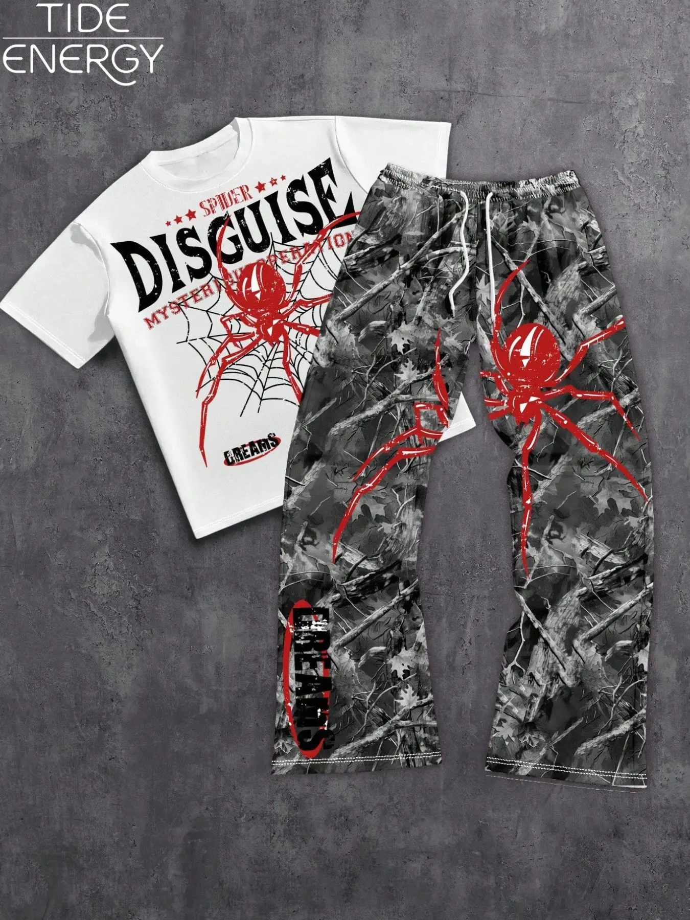 Spider Web Letter Print Graphic Short Sleeve Top + Camouflage Drawstring Pants Set, Outfits, Unisex Y2K Street Style, Comfortable Summer