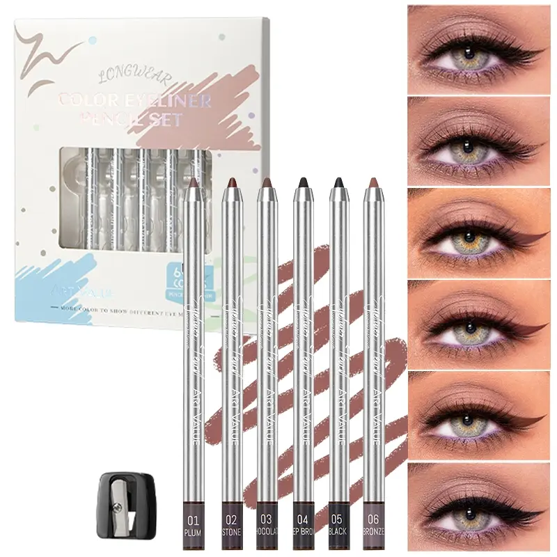 6-color eyeliner pencil set, easy to apply, anti smudge, lasting makeup, 3-in-1 eyeliner pencil set
