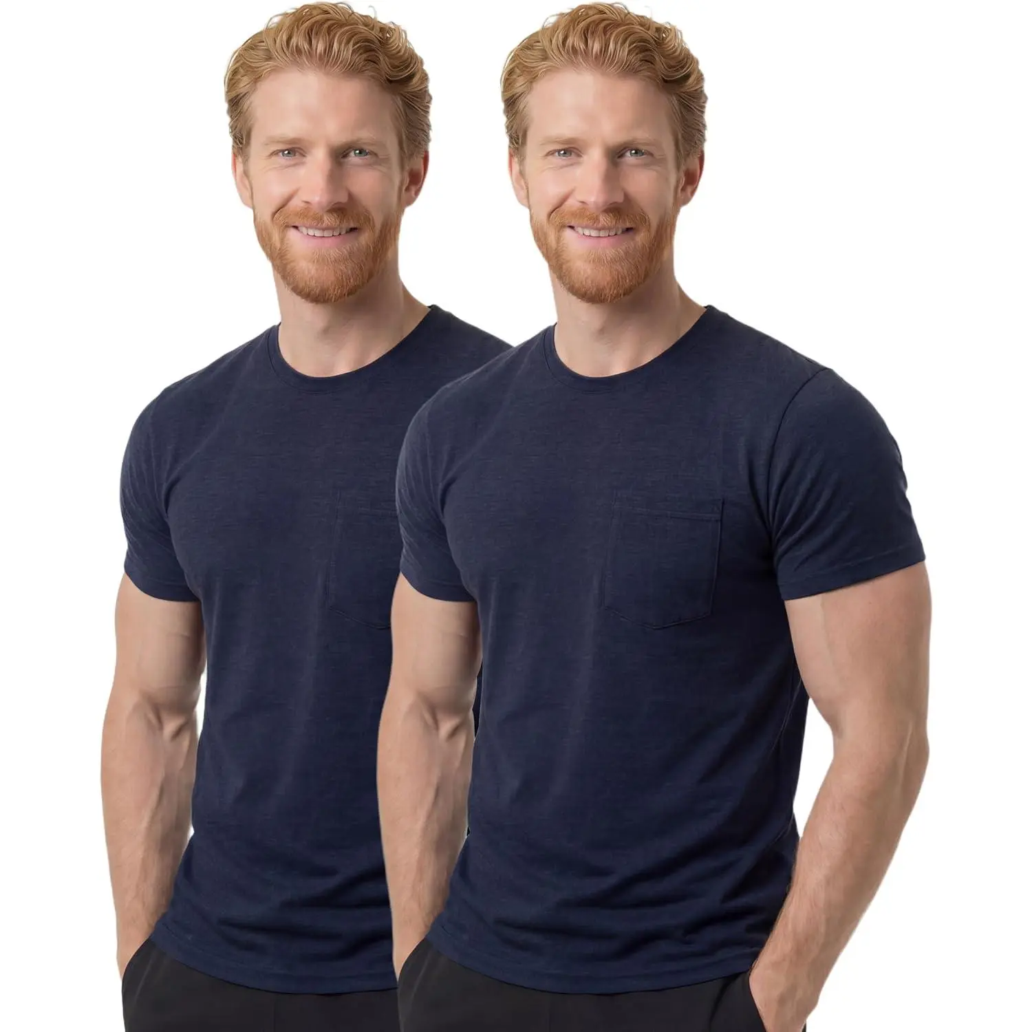 Men's Merino Wool 2-Pack Plain Navy Short-Sleeve Tops, Chest Pocket Tees for Hiking, Travel, Shortsleeve, Tshirt, Menswear