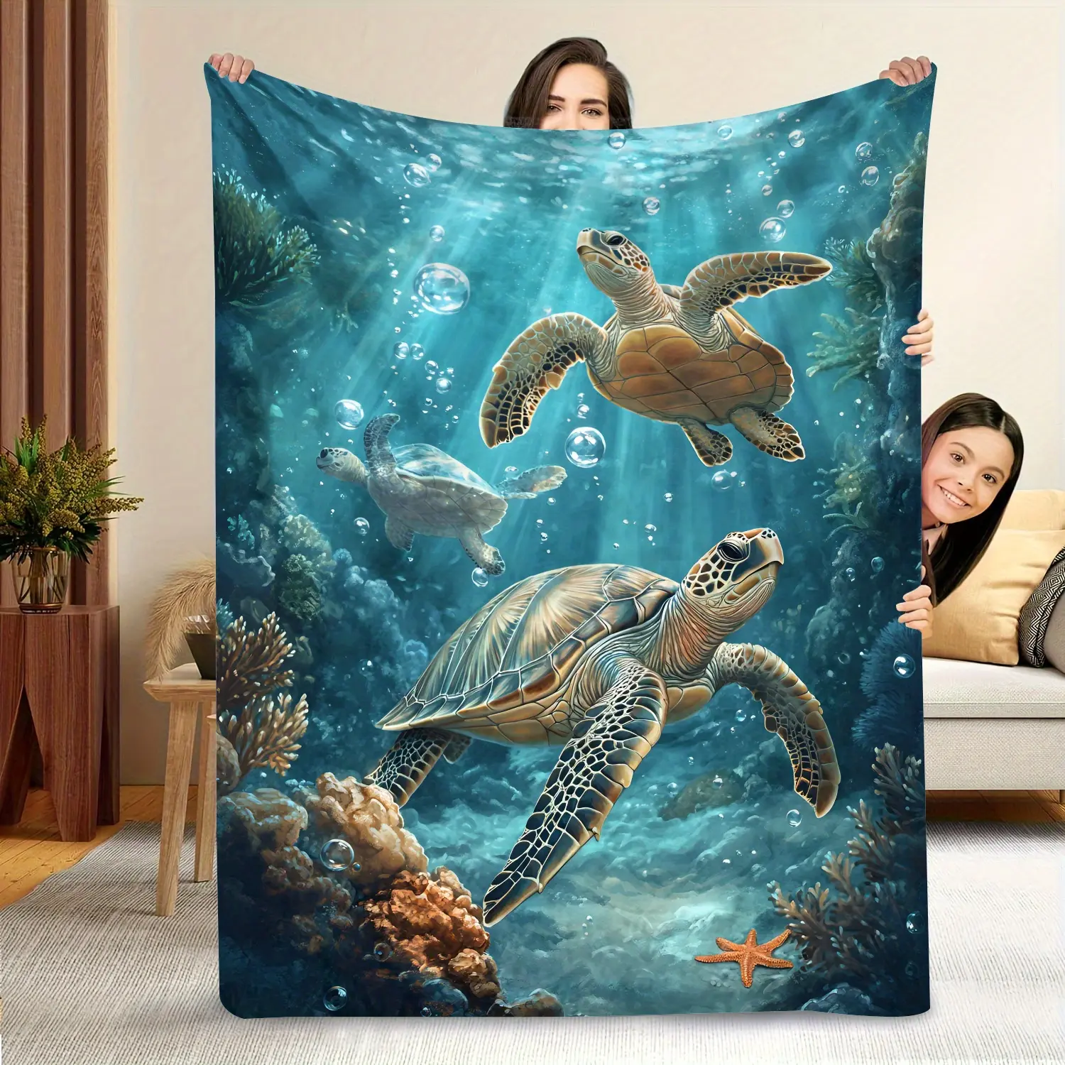 Deep Sea 3 Sea Turtle Pattern Classic Flannel Blanket - Cozy Aesthetic, Wrinkle Resistant, Breathable, Lightweight, Durable, All Seasons, Machine Washable, Non-Customized Soft Bedding Throw for Afternoon Naps, Sofa Lounging, Ideal Gift, Throw Blankets, Ge