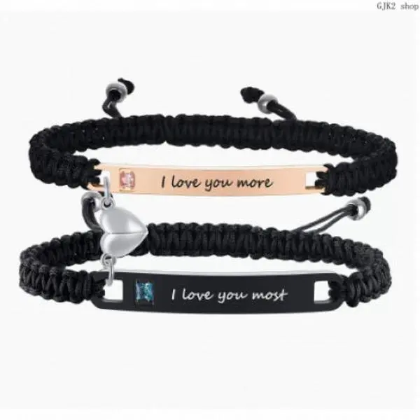 Engraved Always & Forever Braided Couple Bracelet Set, Two Tone Matching Heart Charm Wristbands, Romantic Jewelry Gift for Lovers Daily Wear