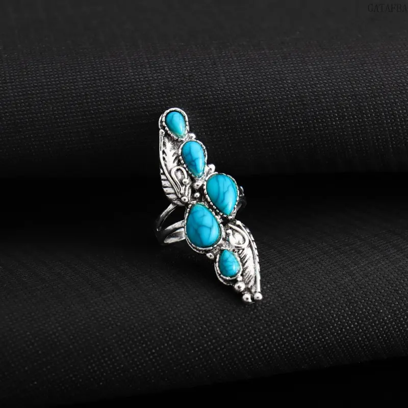Female Bohemian Look Alloy Ring with Dainty Inlaid Natural Teardrop Turquoise Stone for Sports & Outdoor Enthusiasts,back to school,back to school haul