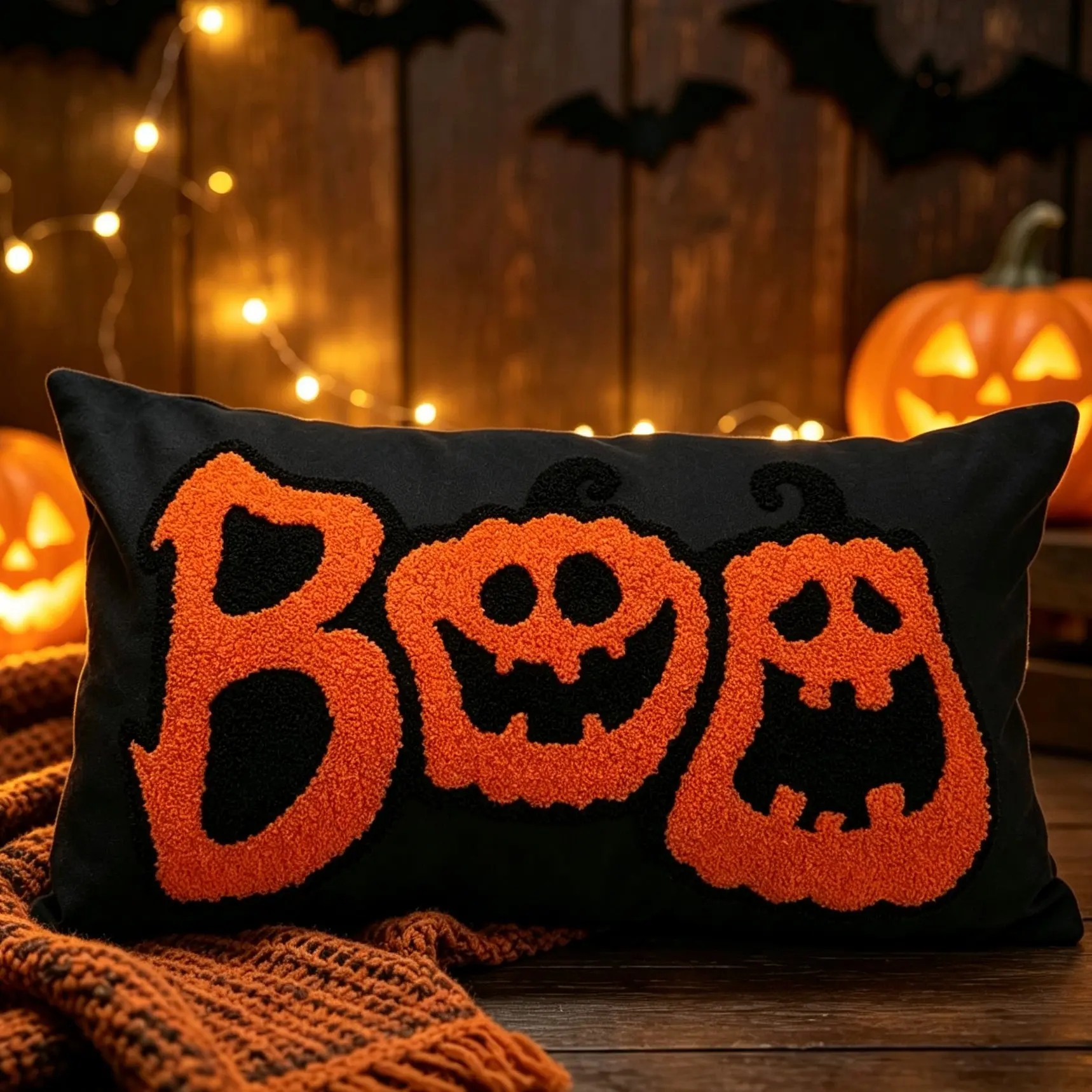 Halloween Boo Pumpkin Plush Pillow, Rectangular Decorative Cushion, Ideal for Home Sofa, Fall Halloween Party Setup, Cushions for Sofa