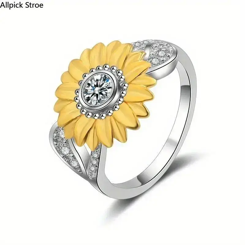 Women's Vintage Sunflower Birthstone Band - Elegant Stainless Steel Floral Design Ring, Sparkling Zircon Inlay Synthetic Coloured Gemstone Charm, Beautiful Elegant Glittering Rings for Daily Wear, Oxford Cloth Bag Charm & Twilly (Luggage & Bag Accessory)