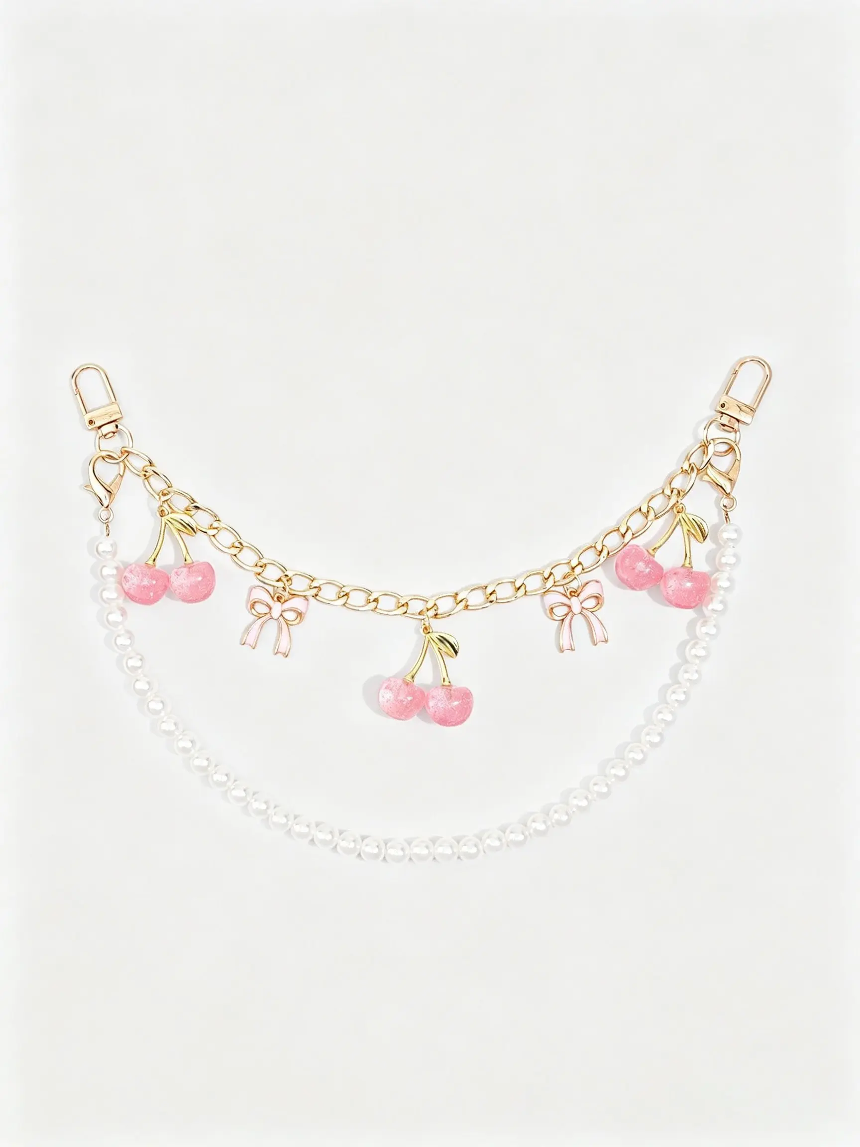 10.6-Inch Elegant Bag Chain Set, Faux Pearl Cherry & Bow Keychain Charms, All-Season for Purses and Handbags, Girly Purse Accessories