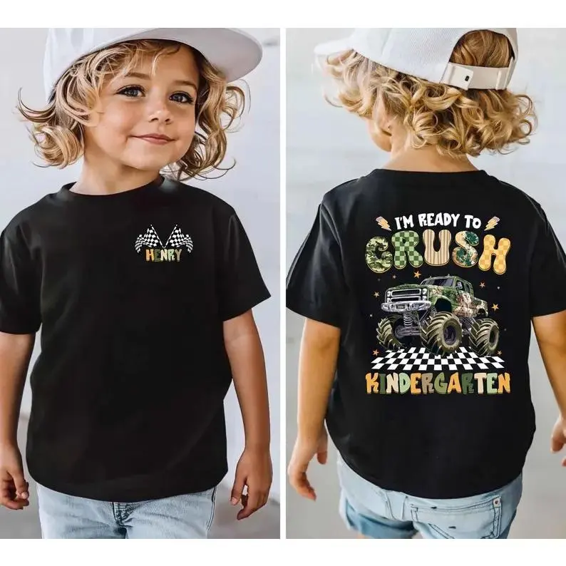 Boys' Custom Name Cotton Crew Neck Short Sleeve Truck Print Back-to-School Tee, Toddler Kindergarten Ready Top, Graphic