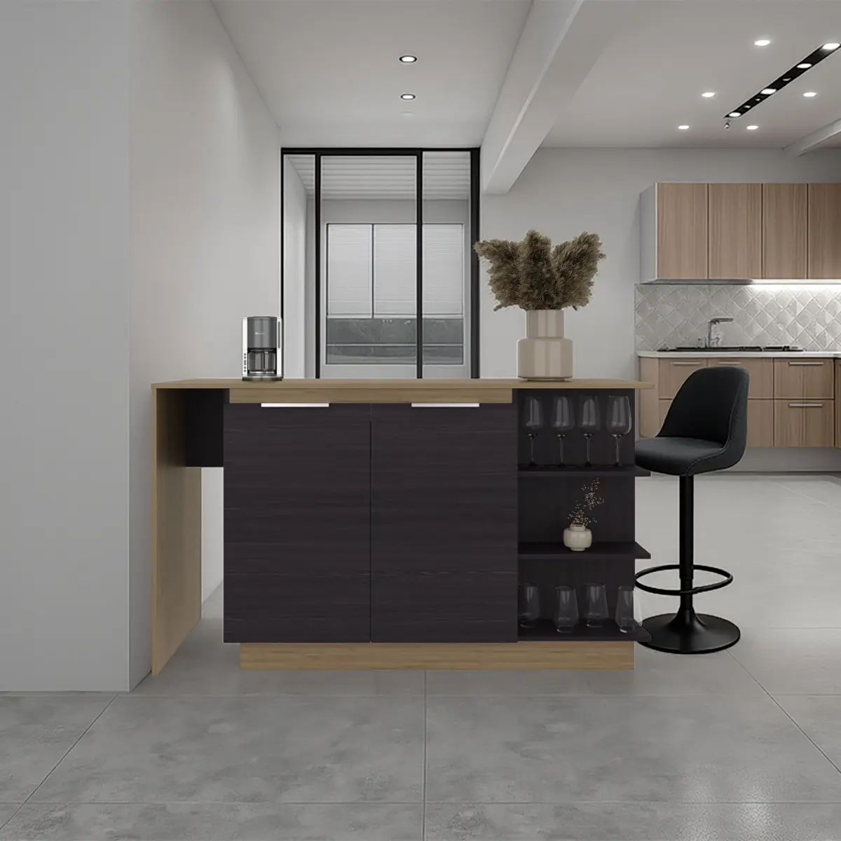 AobtkelLumina Modern Double-Use Kitchen & Bar Counter Table - 2-Door Storage Cabinet, 3 Side Open Shelves, Spacious Dining Prep Table