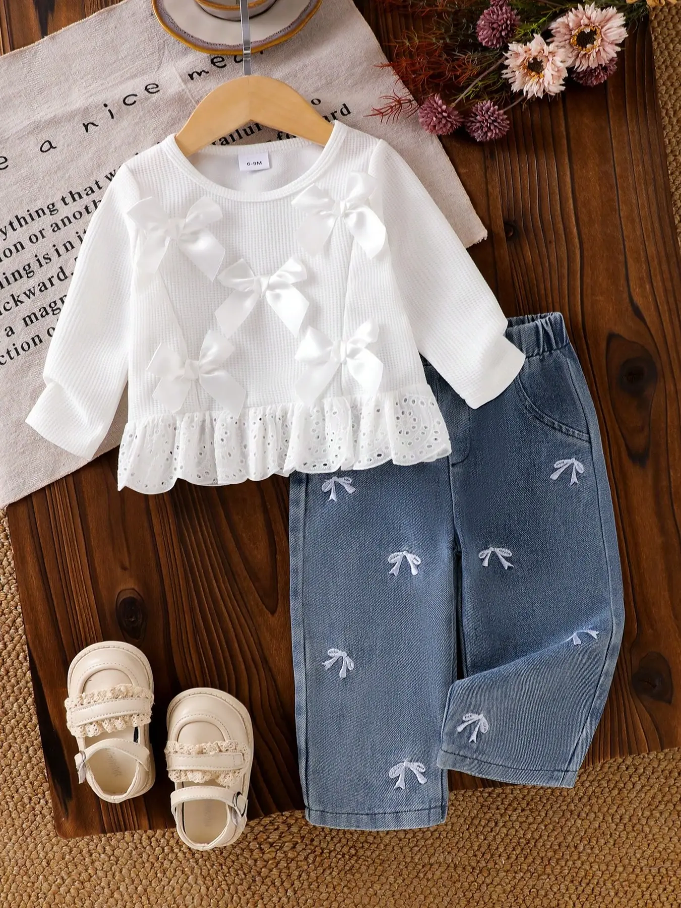 Baby Girl Casual Spring Fall 2-Piece Set, Long Sleeve Top with Embroidery, Loose-Fitting Jeans Pants with Butterfly Knots, Baby Girl Clothes