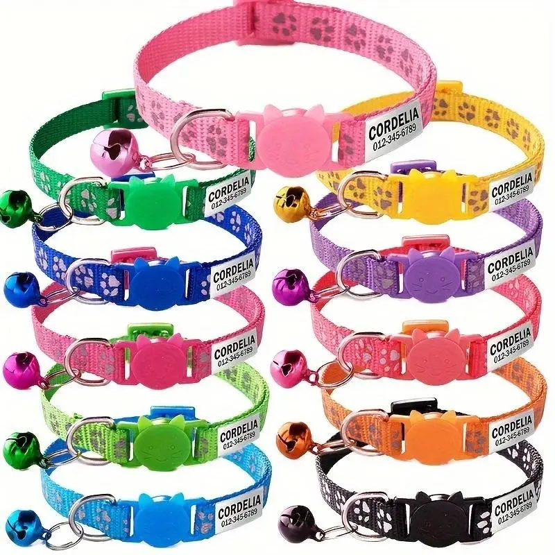 Custom Reflective Paw Print Nylon-Steel Cat Collar, Personalized ID Tag, Adjustable Safety Buckle with Bell, Free Engraving for Kittens Puppies