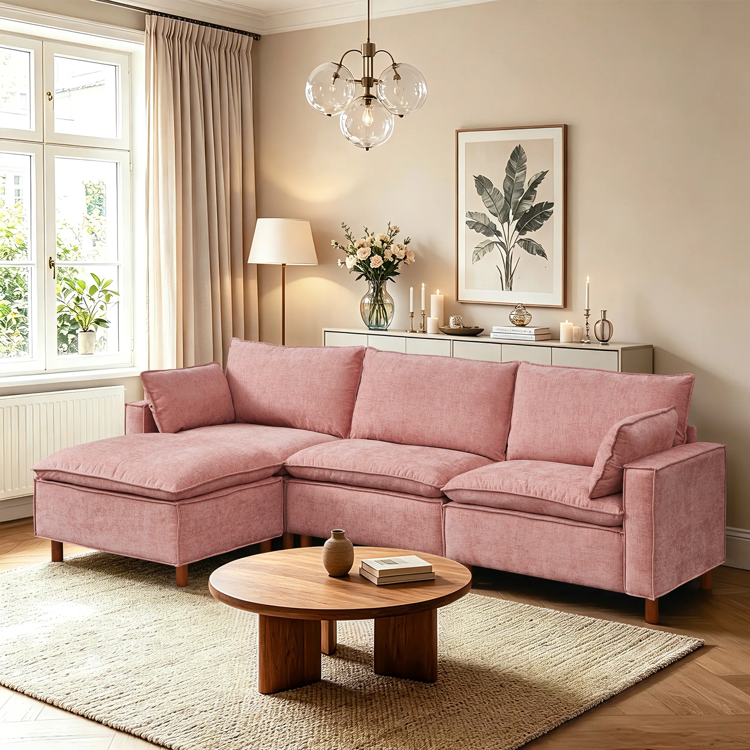 Nokaa 108.5" Modular Sectional L-Shape Sofa with Movable Ottoman, Comfy Chenille Fabric Upholstered Couch, Cloud-Like 3-Seat Sofa for Living Room Apartment, Pink, Multiple Color Options, Chenille Material, 3-Seat Seat Count