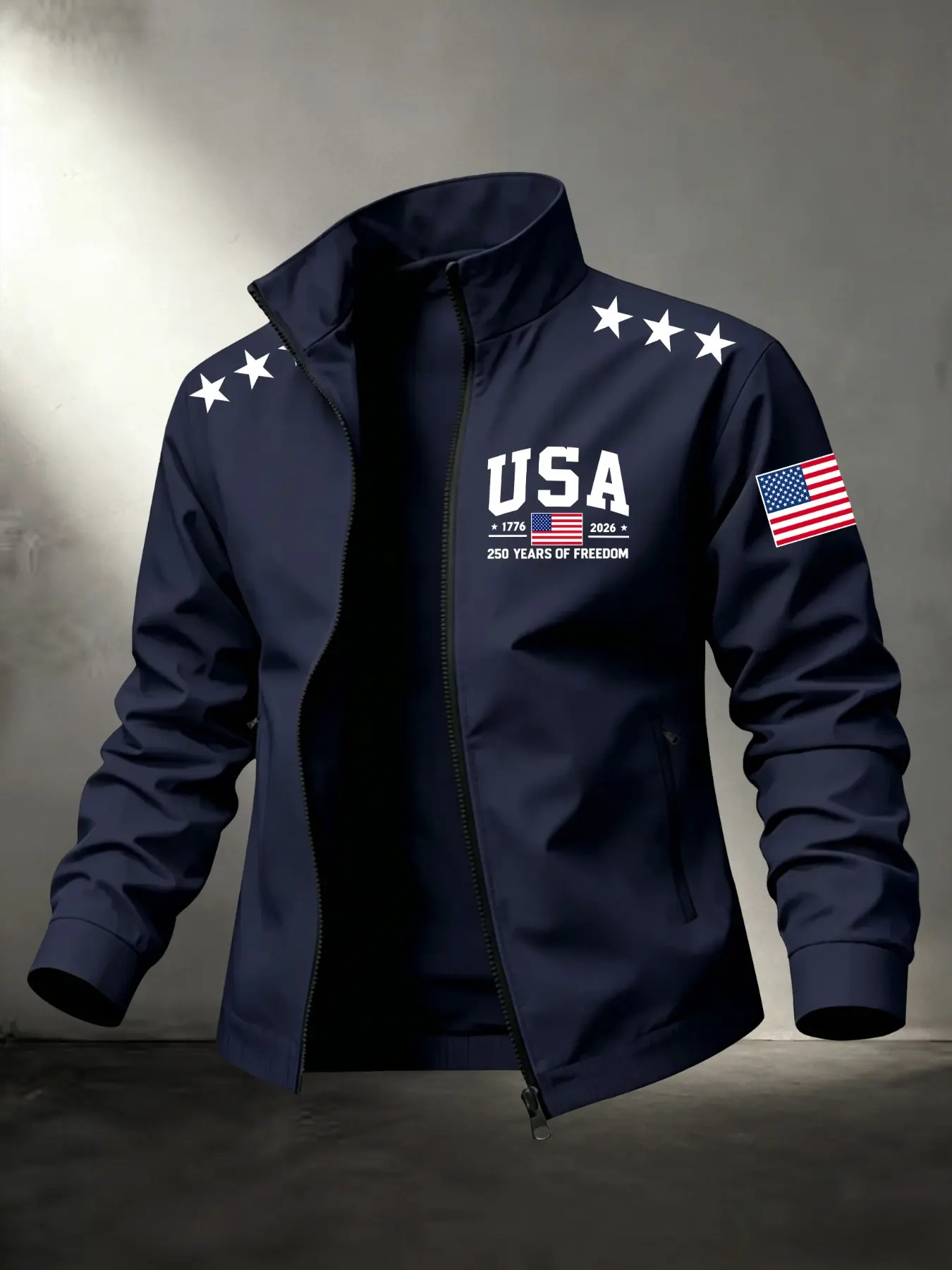 Men Stand Collar Zip Up Lightweight Long Sleeve Jacket, USA 1776-2026 250 Years Freedom Star American Flag Print Casual Patriotic Outdoor Coat with Zipper Pockets #USAPatrioticJacket #FlagPrintCoat #OutdoorJacket #VintageUSAJacket #TikTokMadeMeBuyIt