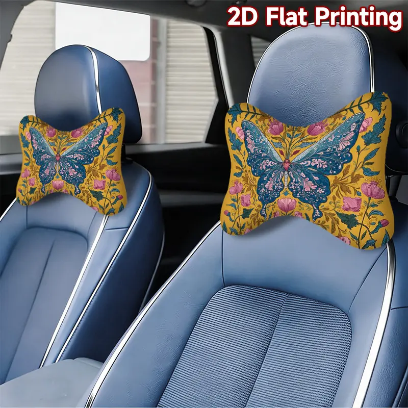 2pcs 2D Flat Print Featuring a Blue Butterfly Surrounded by Flowers, Designed As a Protective Cover for Car Headrests Made of Polyester (Includes Pillow Core). It'S Ideal for Long Drives, Daily Commutes
