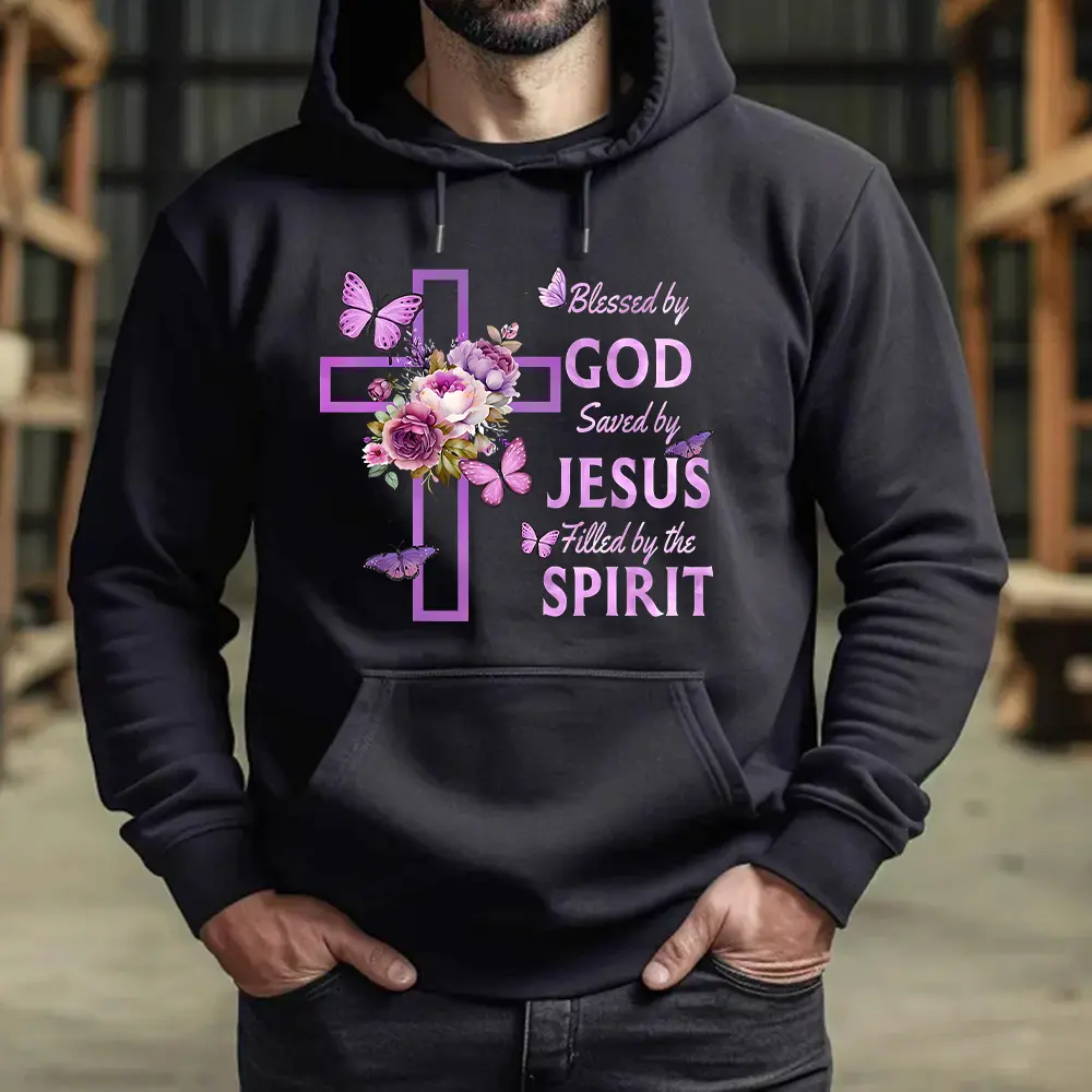 Blessed by God Saved by Jesus Vintage Hoodie Floral Cross Butterfly Christian Streetwear Heavyweight Oversized Graphic Pullover Sweatshirt Unisex