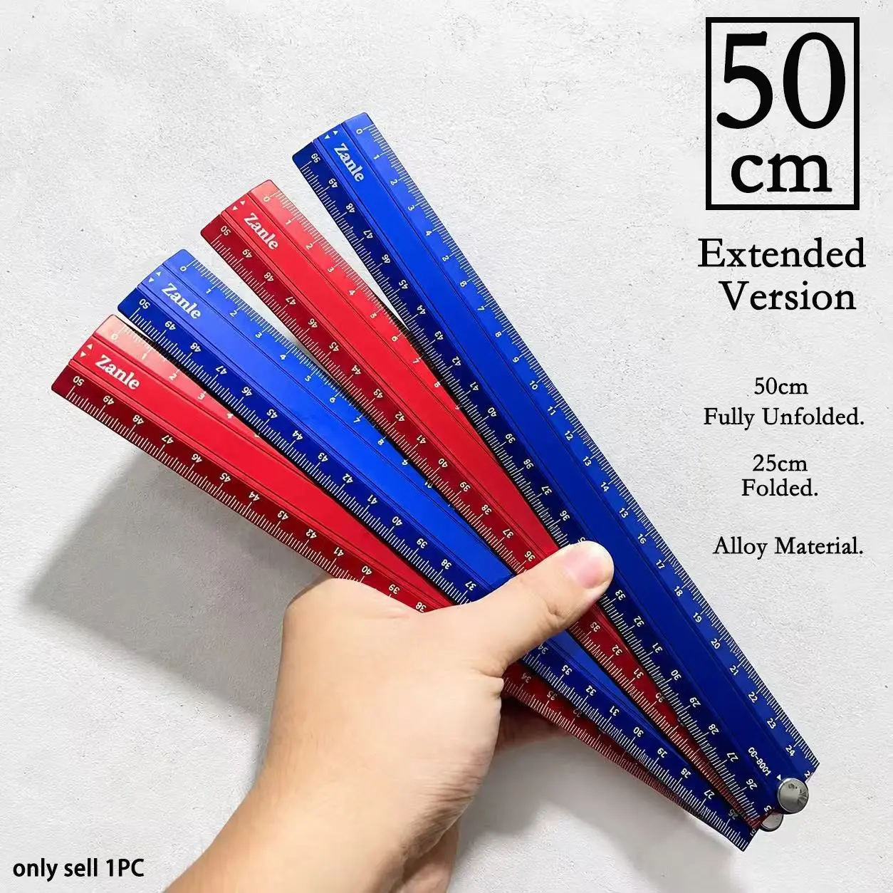 50cm Aluminum Folding Ruler, Durable Thickened Body, Laser Engraved Scale, Dual-Sided Measurement, Anti-Slip Design, Multi-Functional Tool