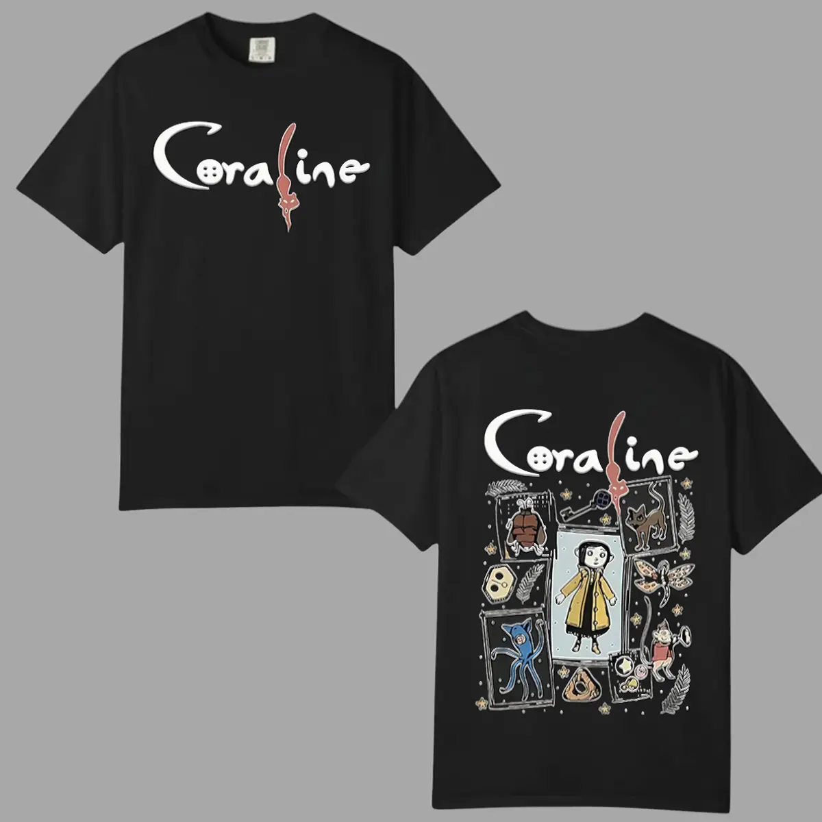 Coraline Graphic Tee for Women, 100% Cotton Classic Fit Short Sleeve Top with 2-Sided Print, Casual Everyday Wear, Graphic Tees, Two-Sided Print