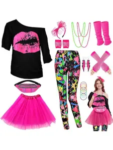 80s Off-Shoulder T-Shirt & Tutu Skirt Set Retro Party Outfit for Dance, Performance Theme Parties & Costume Events