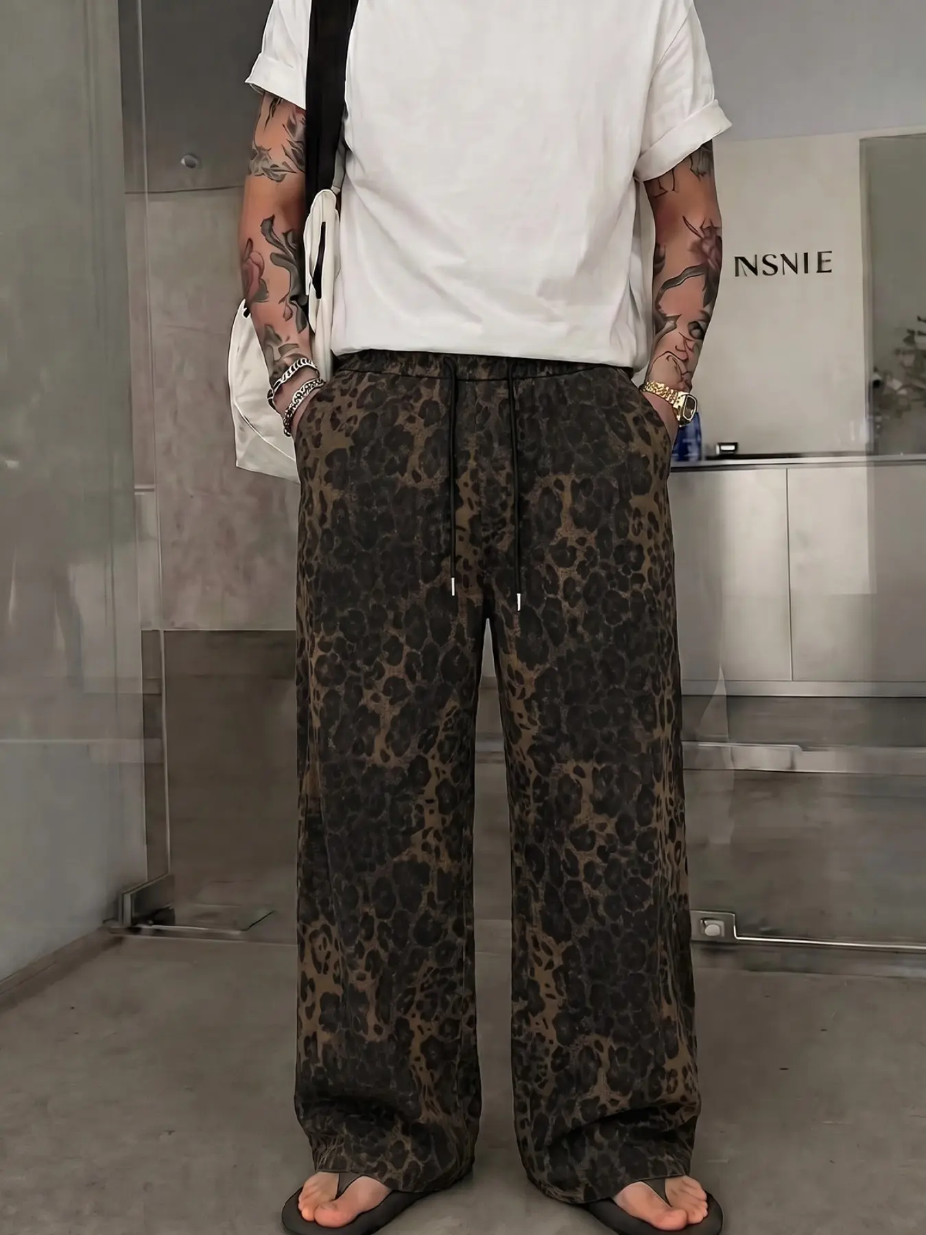 Men Vintage Leopard Print Drawstring Wide Leg Oversized Pants, Loose Casual Streetwear Trousers, Elastic Waist Relaxed Fit Daily Bottoms