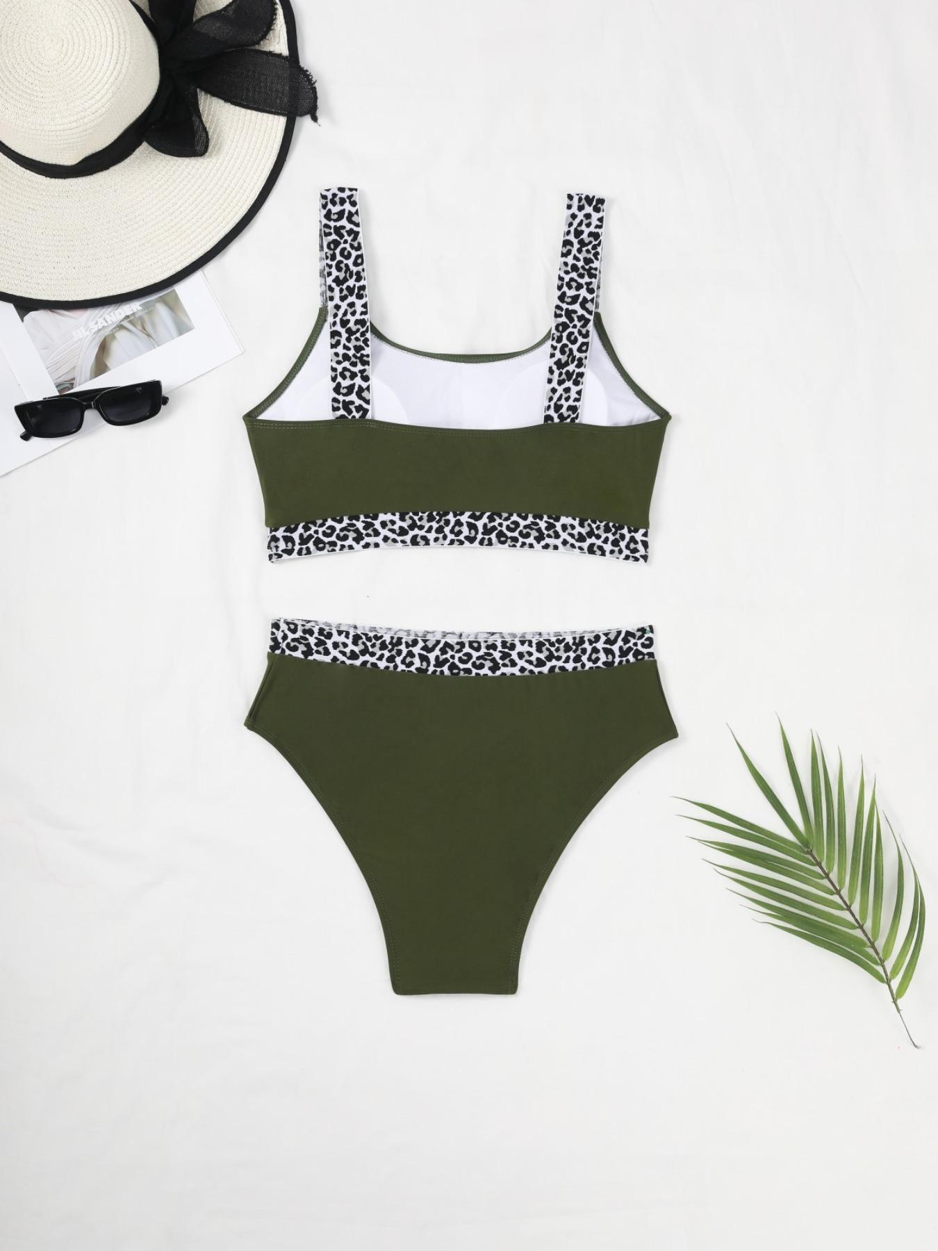Plus Leopard Patchwork Print Tape Waist Swimsuit, Summer Clothes Women, Women's Casual Comfy Breathable High Stretch Swimwear for Summer, Swim Tankini Tops, High Rise Swimwear
