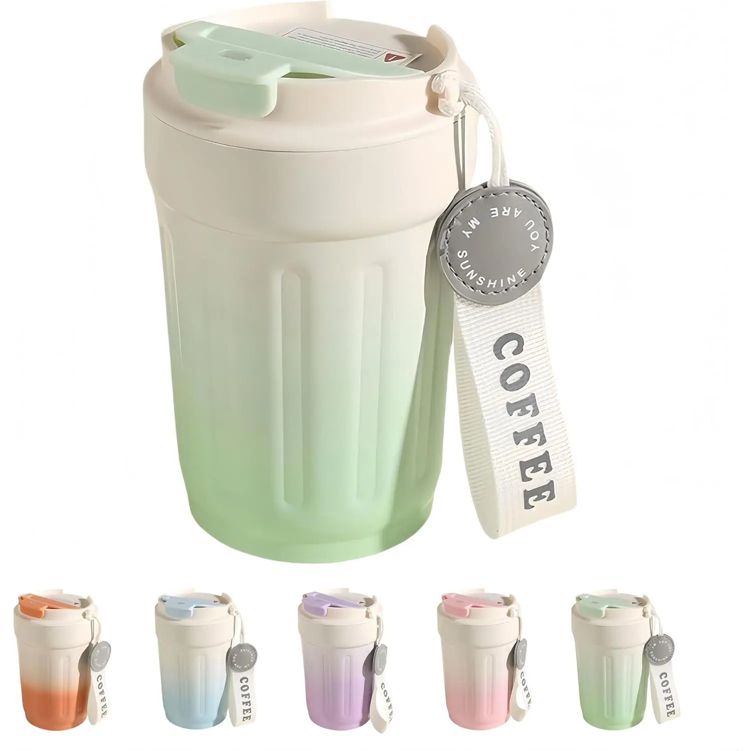 Ceramic Lined Tumbler in Gradient Green, 14oz Portable & Heat Resistant with Leak-Proof Lid and Carry-Cord for Milk or Coffee