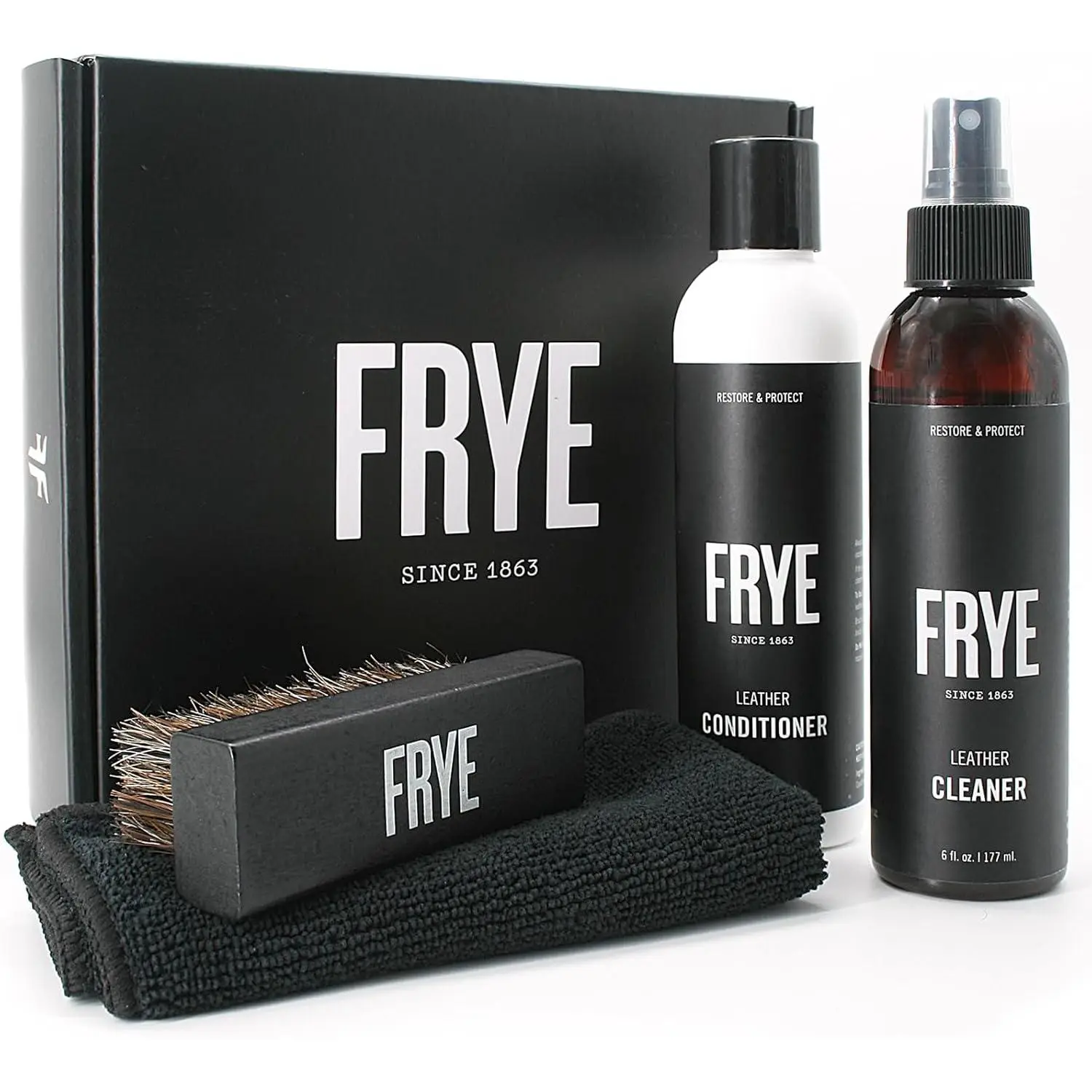 Frye Leather Care Kit - 4 count Set with U.S.-Made Leather Cleaner & Conditioner - Brush, Cloth, and  Box - Leather Shoe & Boot Cleaning Kit