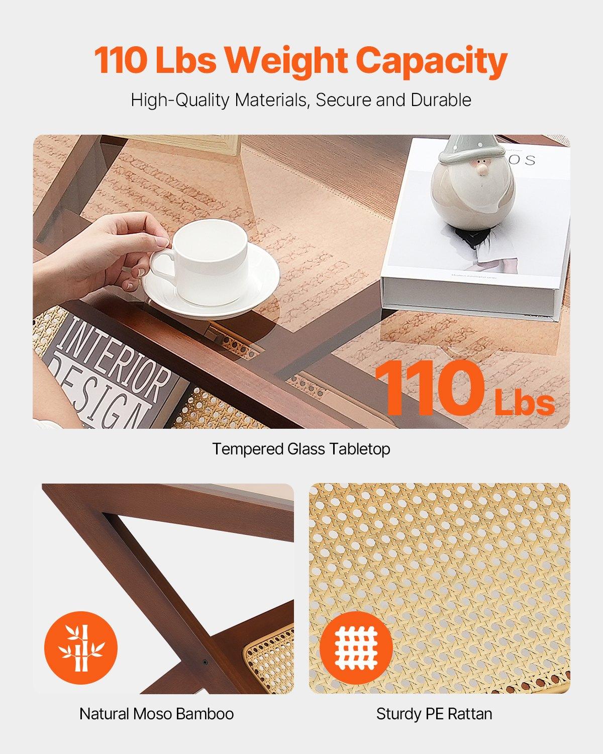 VEVOR Rattan Coffee Table, Z-Shaped Rattan Woven Bamboo Coffee Table with Tempered Glass Top, 47" Modern Boho Storage Coffee Table with Natural Bamboo Legs, for Living Room, Bedroom & Small Spaces