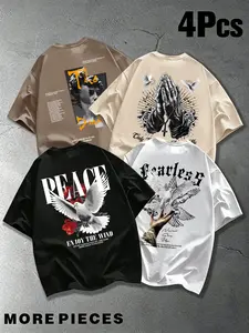 Men's Summer Bestselling Letter Pigeon Art Pattern Print T-Shirt, Round Neck Short Sleeve, Casual Comfortable Top, Versatile Outdoor Wear