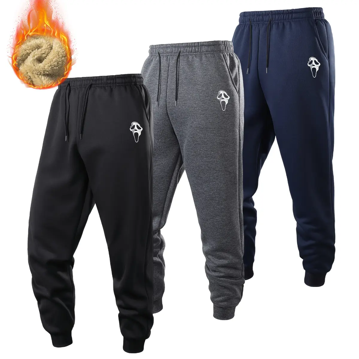 Stylish Winter Mens Fleece Lined Pants Simple Casual Warm Comfort Joggers With Iconic Screaming Ghost Face Print