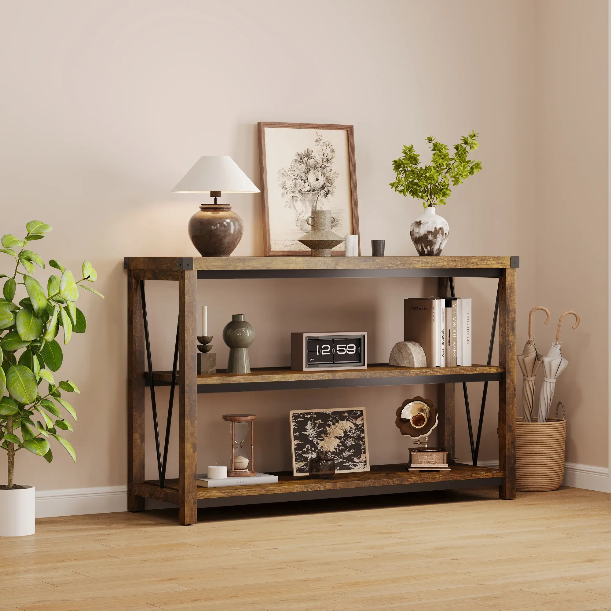 Long Console Table, Wooden Fluted Entryway Table, 2-Tier Storage Sofa Table for Entryway Foyer Hallway, Perfect for Small Spaces