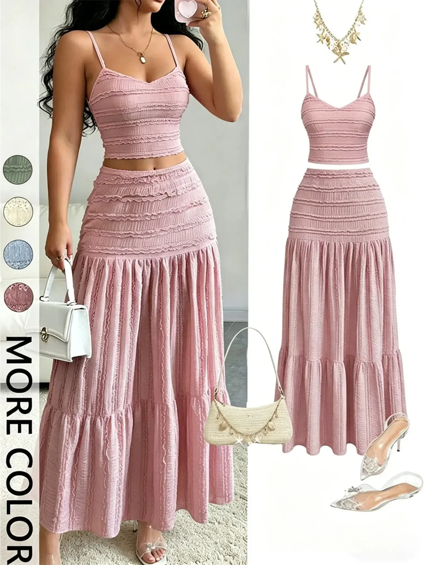 Women's Elegant Chic Party Sweet Cute Sleeveless Spaghetti Strap Short Top and Skirt Outfit Clothes, Casual Slim-Fitting Set for Spring & Fall