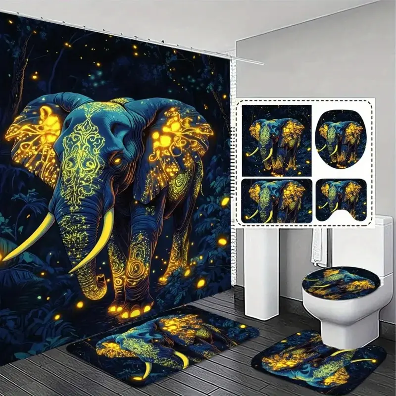 Elephant Cartoon Shower Curtains Sets - 4pcs Polyester Stylish Elephant Design Set with Non-Slip Bath Mat, Vibrant Blue & Golden Abstract Art, Ideal for Modern Bathrooms, Modern Art