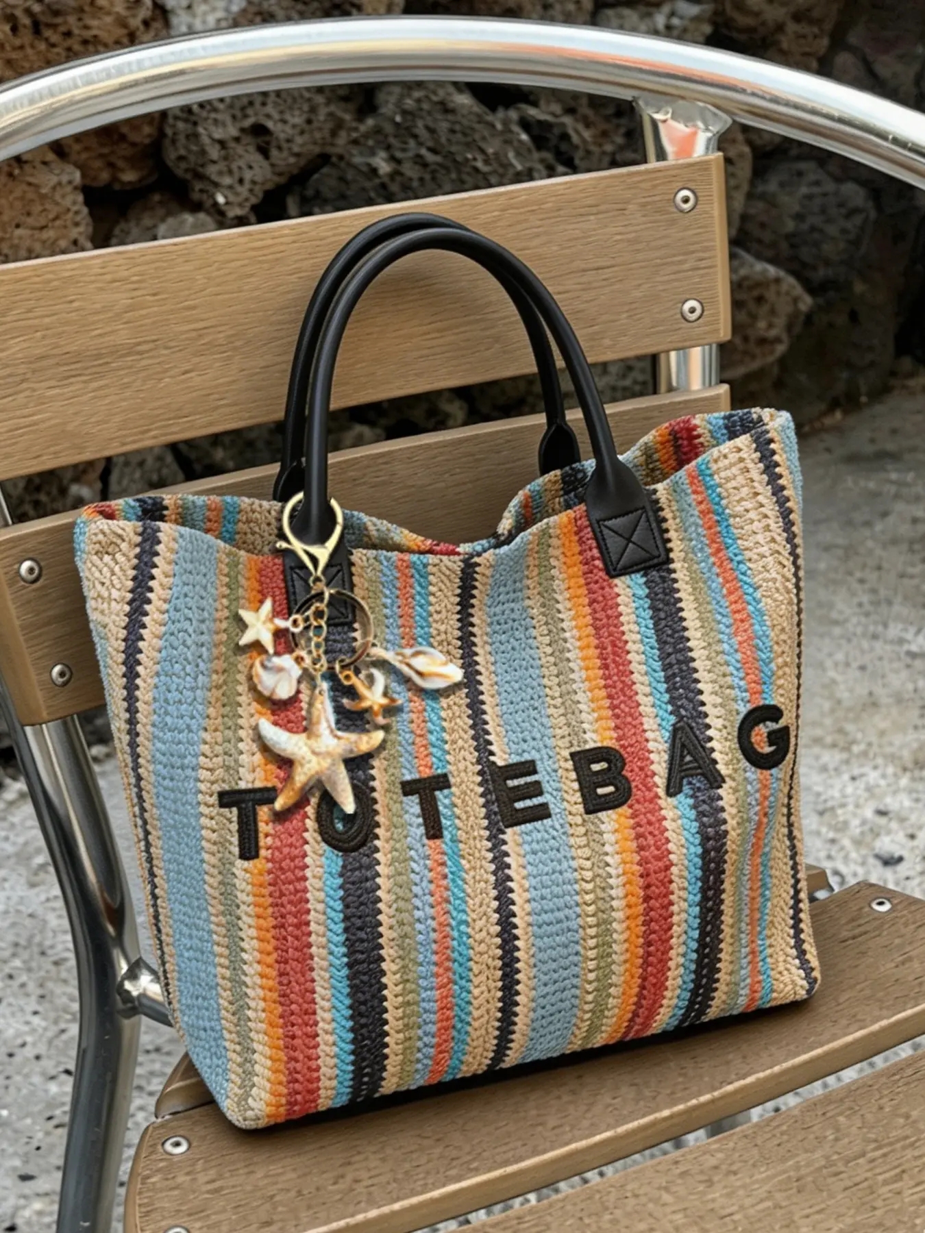 Fashion vacation-style colorful striped woven large-capacity tote bag, with ocean shell pendant casual gentle shoulder bag for daily commute Casual Commuter Bag lightweight handbag Casual Commuting Bag