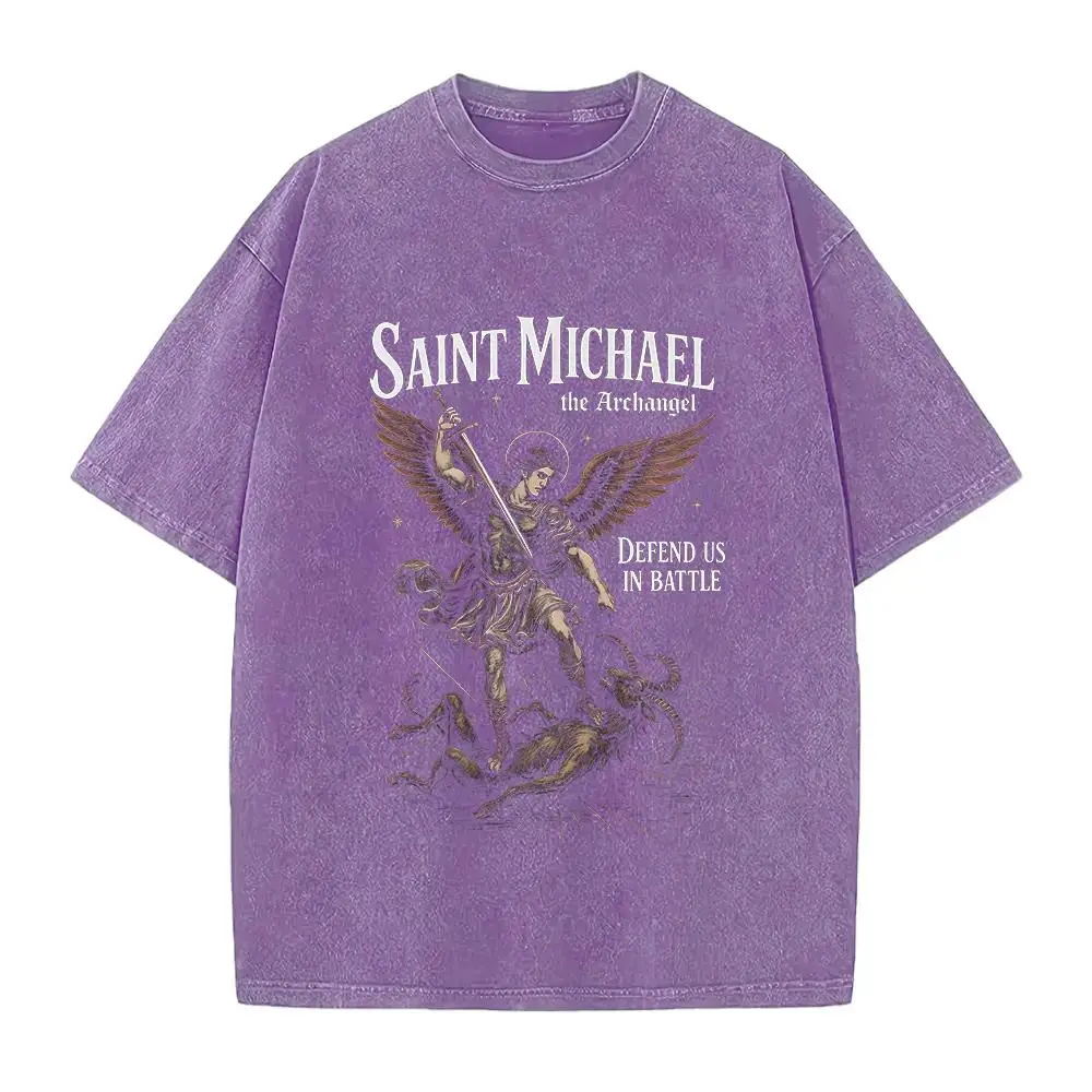 Saint Michael The Archangel Graphic T-Shirt, Retro Washed Catholic Prayer Tee, Defend Us In Battle Unisex Top