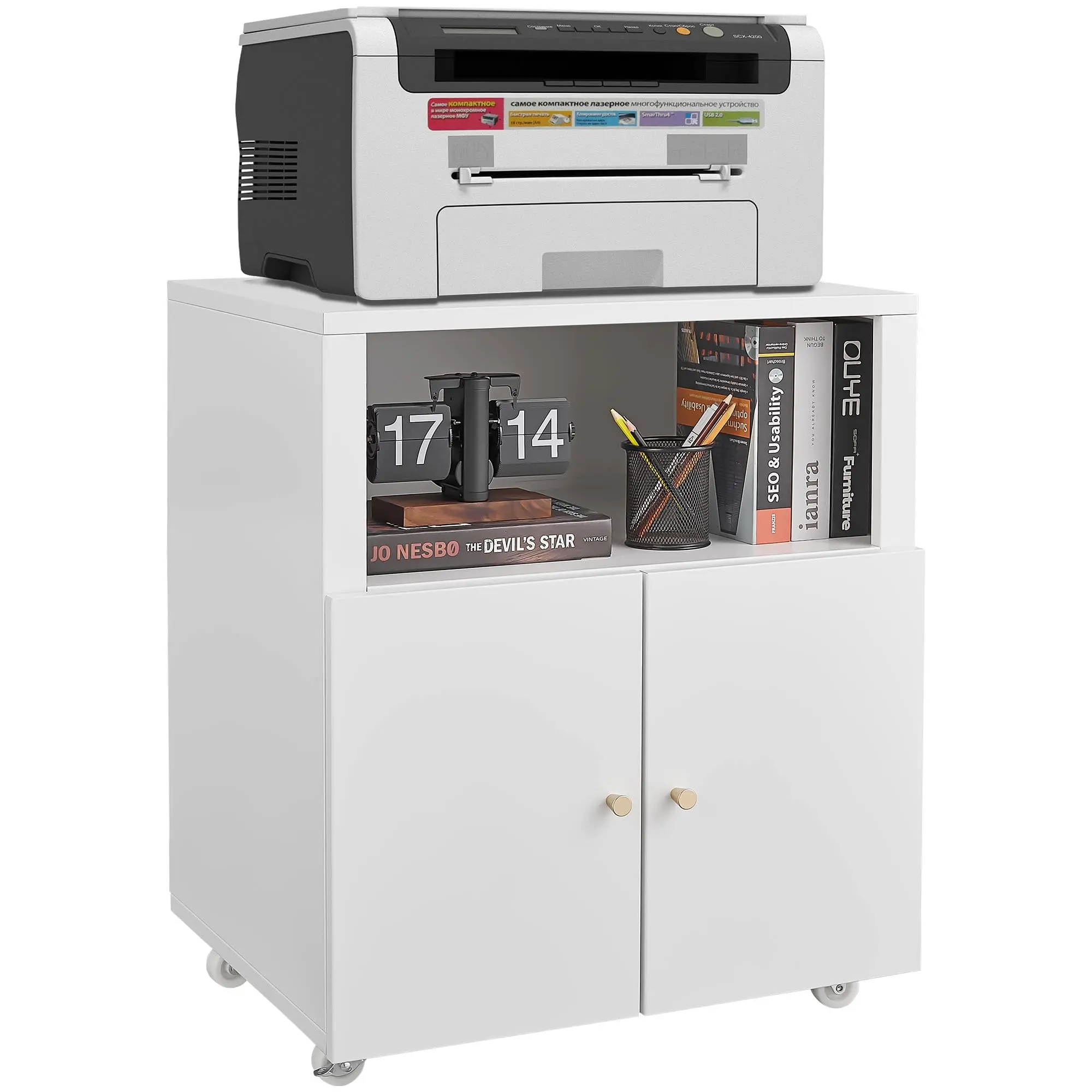 Metal Printer Cabinet with Storage, Heavy Duty 3d Printer Stand on Wheels with 2 Doors, Under Desk File Cabinet for Home Office Corner and Small Spaces