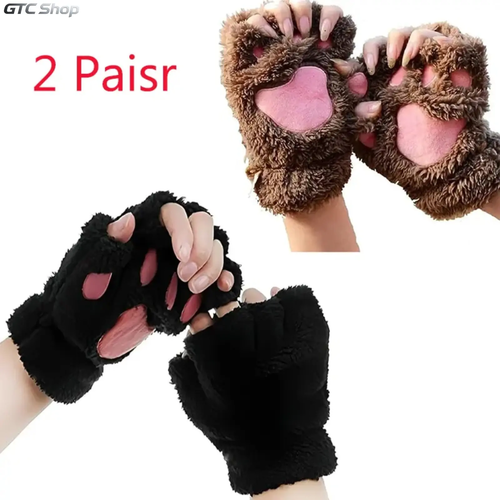 2 Pack Cute Cat Paw Fingerless Plush Gloves, Kawaii Faux Fur Cozy Winter Hand Warmers for Women Girls, Soft Fluffy Cosplay Accessory, Trendy Daily Streetwear & Anime Themed Party Matching