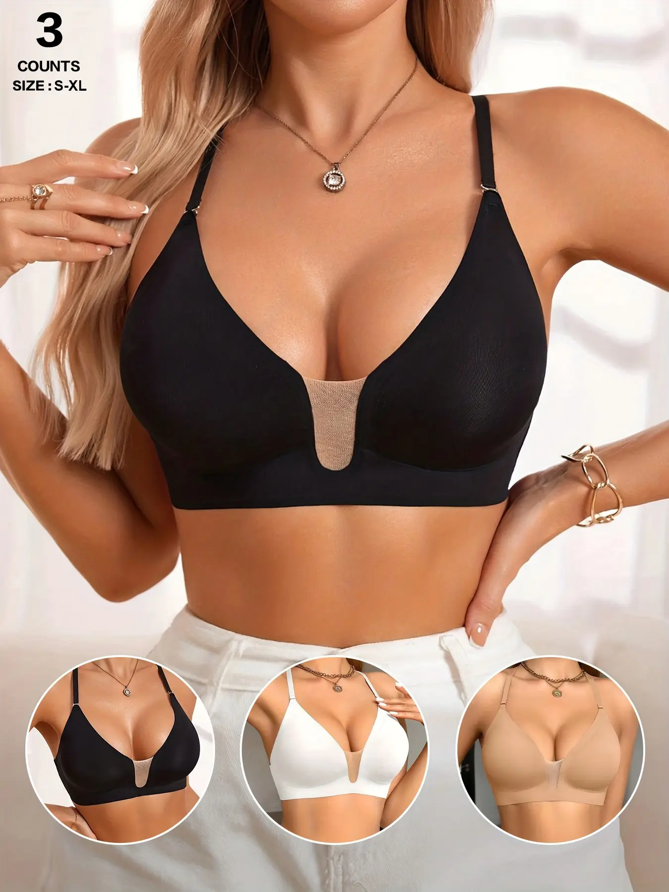 Women's Four-Season Invisible V-Neck Bra, Versatile Thin Straps, Sexy Fashion Underwear, Lightweight, Fits Strapless & Backless