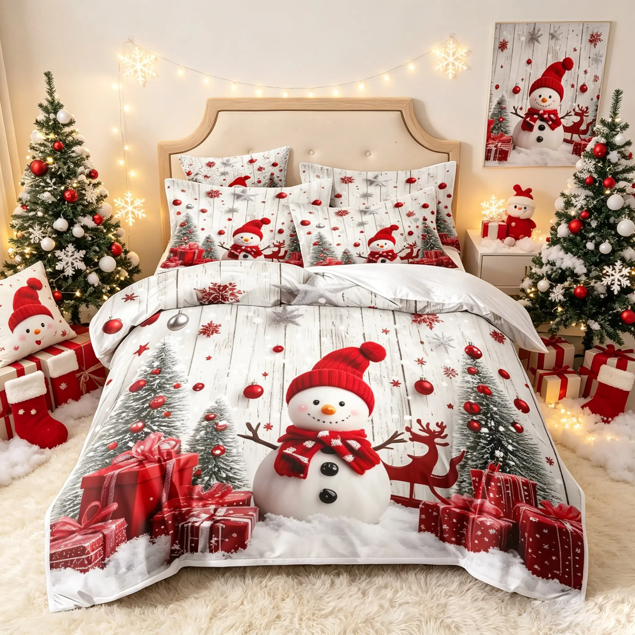 3-Piece Christmas Duvet Cover Set, Snowman Tree Pattern, Printed Bedding Set, Soft Fabric, No Padding, Ideal for Bedroom, Hotel, Dorm, Perfect Gift, Theme Bedding Set