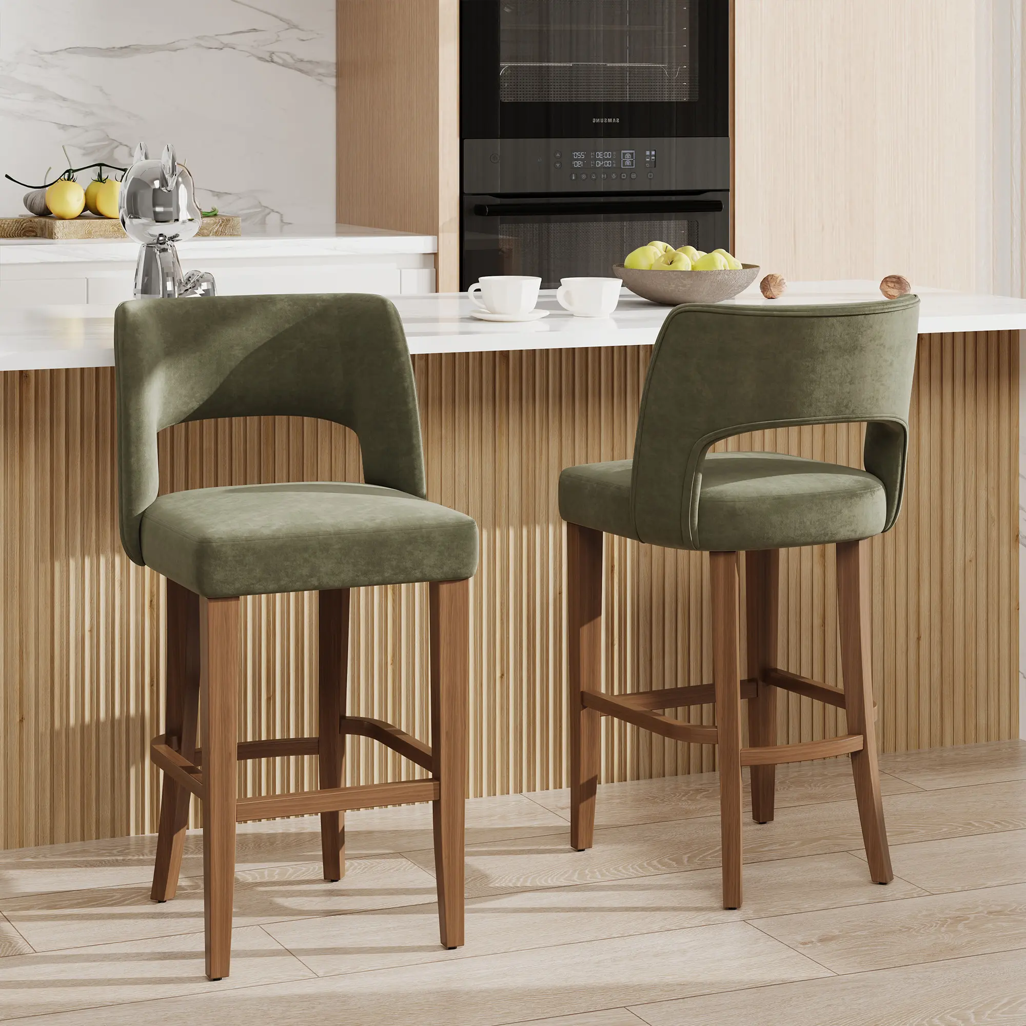 Garvee Modern Ergonomic Bar Stools Set of 2 – 26 Inch Upholstered Counter Height Chairs with Backrest, Solid Wood Legs, For Kitchen Island, Dining Room or Home Bar – Beige, Green, Black with Oak Accents