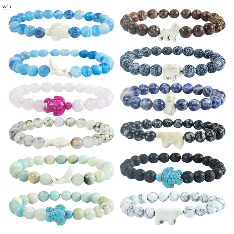 12 Styles Natural Stone Beaded Stretch Bracelet 18cm Perimeter 15.36g, Cute Animal/Turtle Charm Wrist Bangle, Colorful Crystal Bracelets for Daily Casual Jewelry & Small Souvenir Gift
